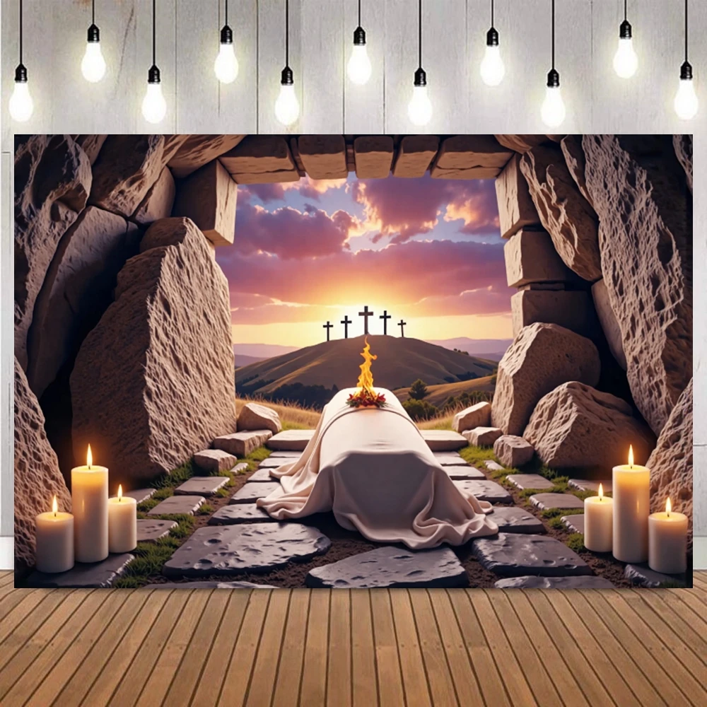 Arrière-plan de photographie religieux de pâques, Style grotte croisée, pour Portrait d'événement chrétien, décoration de maison