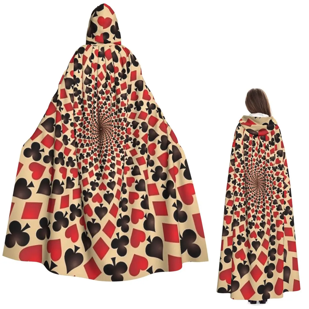 الآس من الماس أوراق اللعب قلوب البستوني طويل مقنعين عباءة الساحرة القرون الوسطى زي تأثيري كيب هالوين معطف الكبار للجنسين