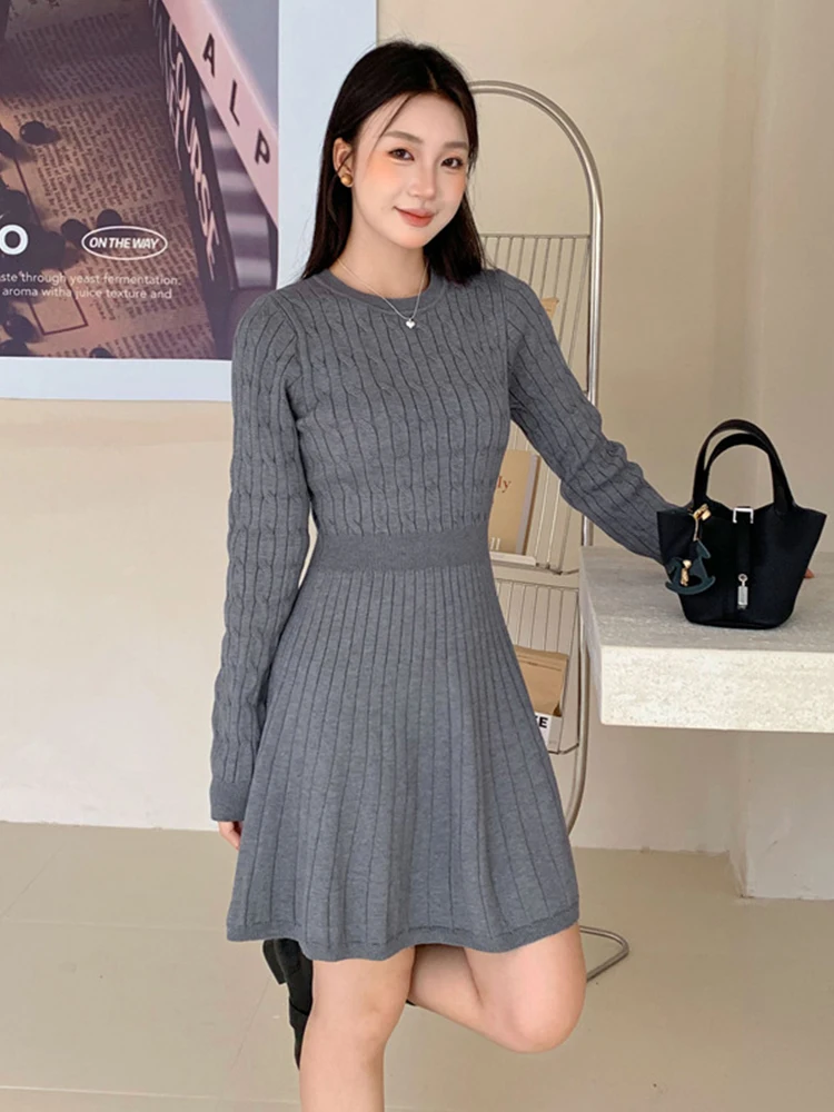 女性ストリート服セーターカジュアルニットシンプルな O ネックスリム A ラインミニショートドレスエレガントな女性 Vestidos 秋冬新