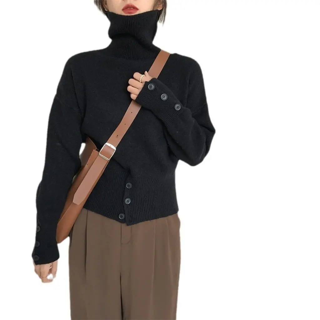 

Women's Pullover Turtleneck Sweater High Waist Button Retro Lazy Style Korean-Style Knitted Sweater for Autumn And Winter