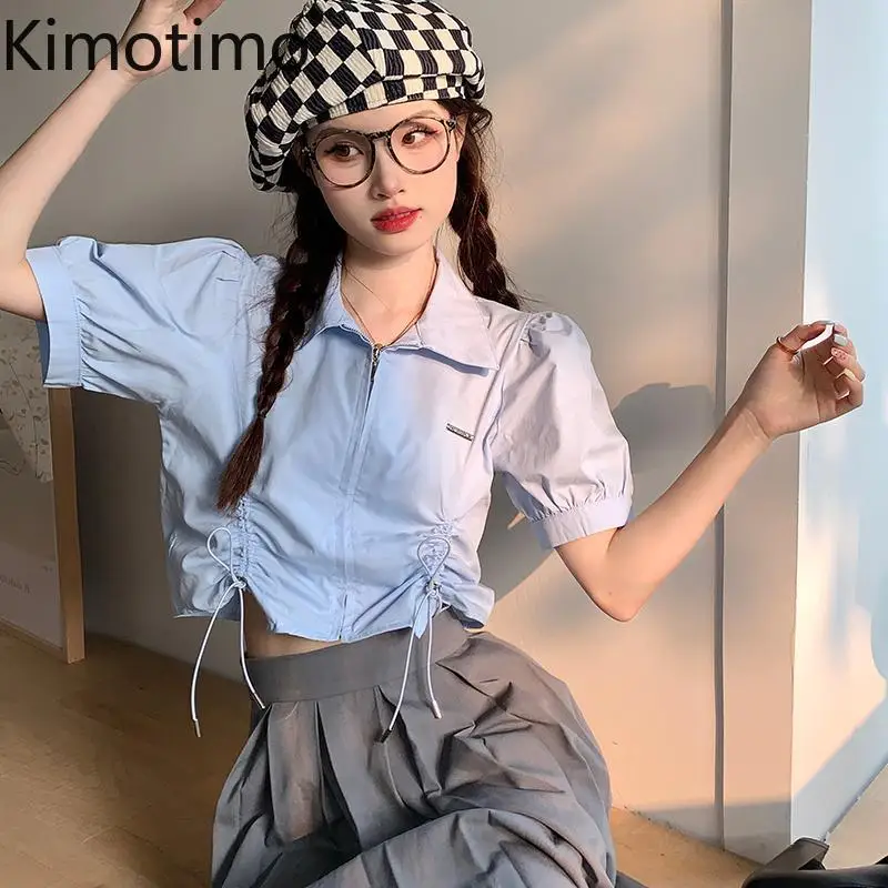 

Kimotimo Drawstring Folds Zipper Short Shirt Women 2025 Summer Lapel Slim Fit Short Sleeve Tops Casual Fashion Versatile Blouse