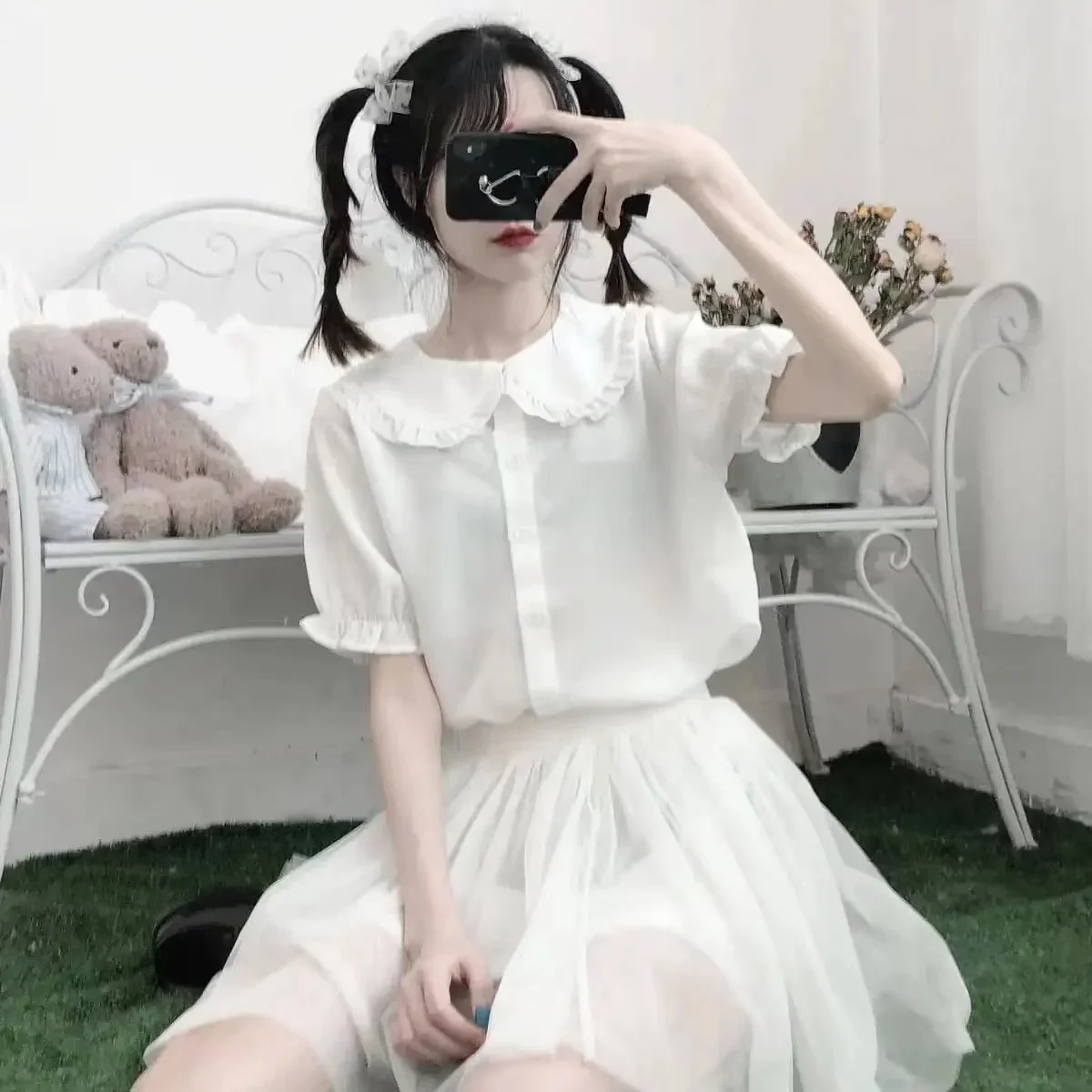 White Blouse Ruffle Sweet Lolita Basic Button Up Top Woman Autumn Spring Peter Pan Collar JK Fashion Uniform Shirt Free Shipping