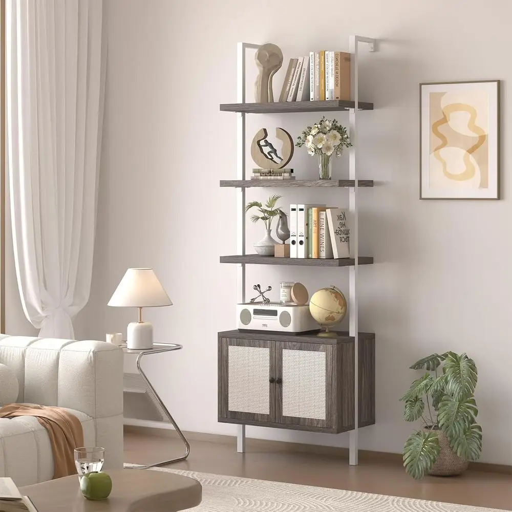 

Стеллаж-лестница, 4-ярусная книжная полка с плетеным шкафчиком, настенные книжные полки и стеллажи с металлическими элементами, защита от опрокидывания, высокий книжный шкаф