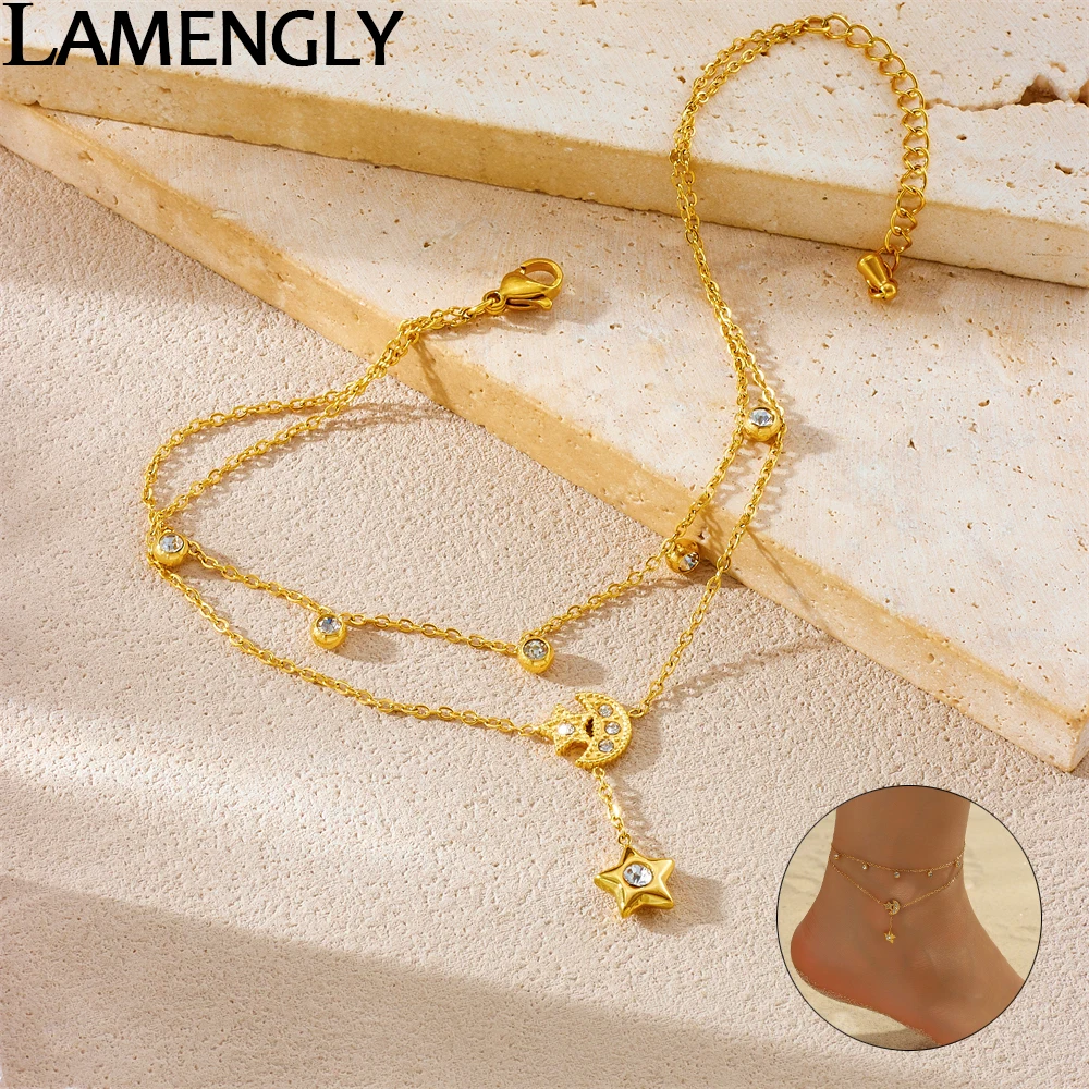 

LAMENGLY 316L Stainless Steel Zircon Inlay Moon Star Combination Long Pendant Anklet Women 18k Gold Plated Waterproof Foot Chain