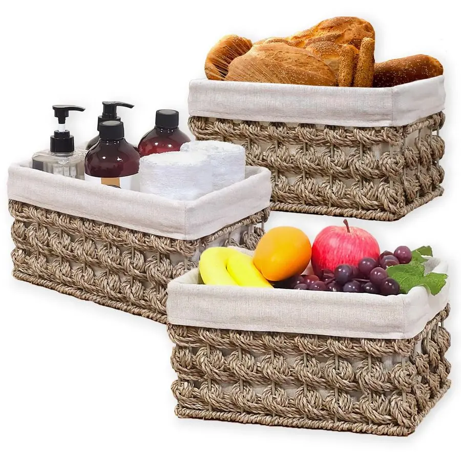 

Storage Basket with Liner, Wicker Counter Organizing Basket with Builtin Handles, Woven Rectangular Natural Seagrass Bin for She