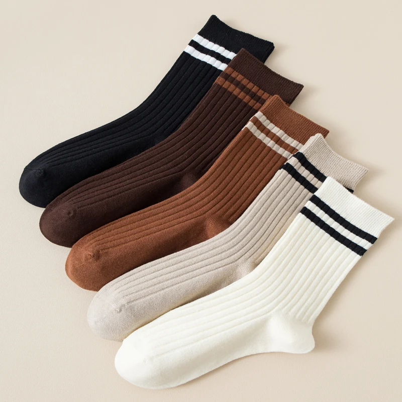 5Pairs Women's Socks Autumn Winter New Medium Tube Combed Cotton Solid Color Fashion High Quality Comfort Female Socks