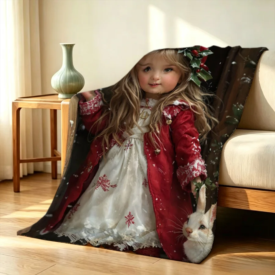 Christmas Little Girl With a Holly Wreath Cute Rabbit Printed Flannel Throw Blanket, 2D Single-Sided Printed For Holiday Decor