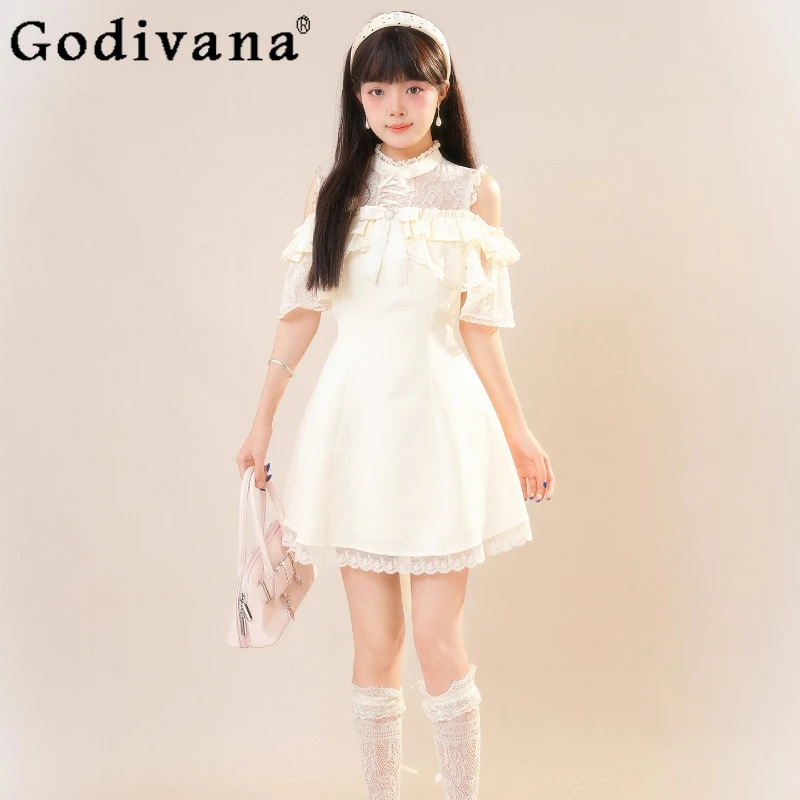 

Original Design Japanese Style Dress Women's Clear Gentle Lace Patchwork Short Dress Girls Off Shoulder Waist Cinching Dress