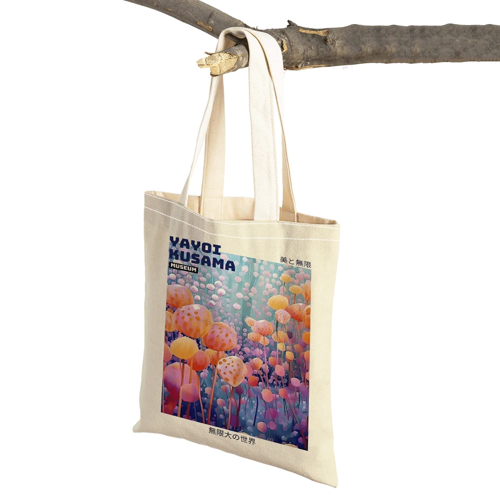 

Yayoi Kusama Lady Shopper Bags Japanese Flower Exhibition Art Double Print Women Shopping Bags Eco Girl Shoulder Tote Handbag