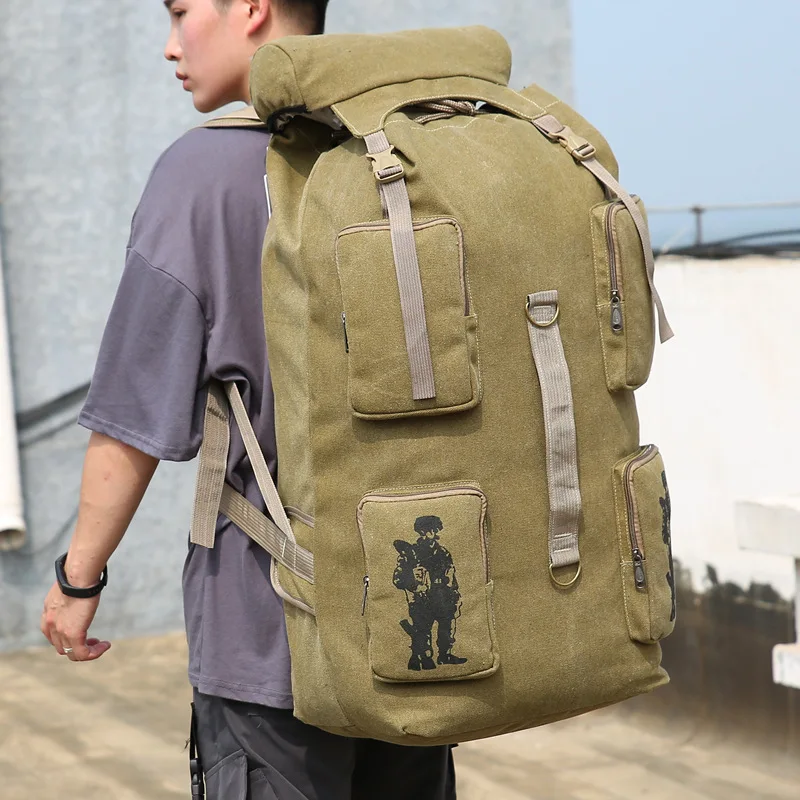 Super Capacity 100 Liters Thick Canvas Men\'s Camping Backpack Retro Fashion Travel Mountaineering Hiking Tactical Bag