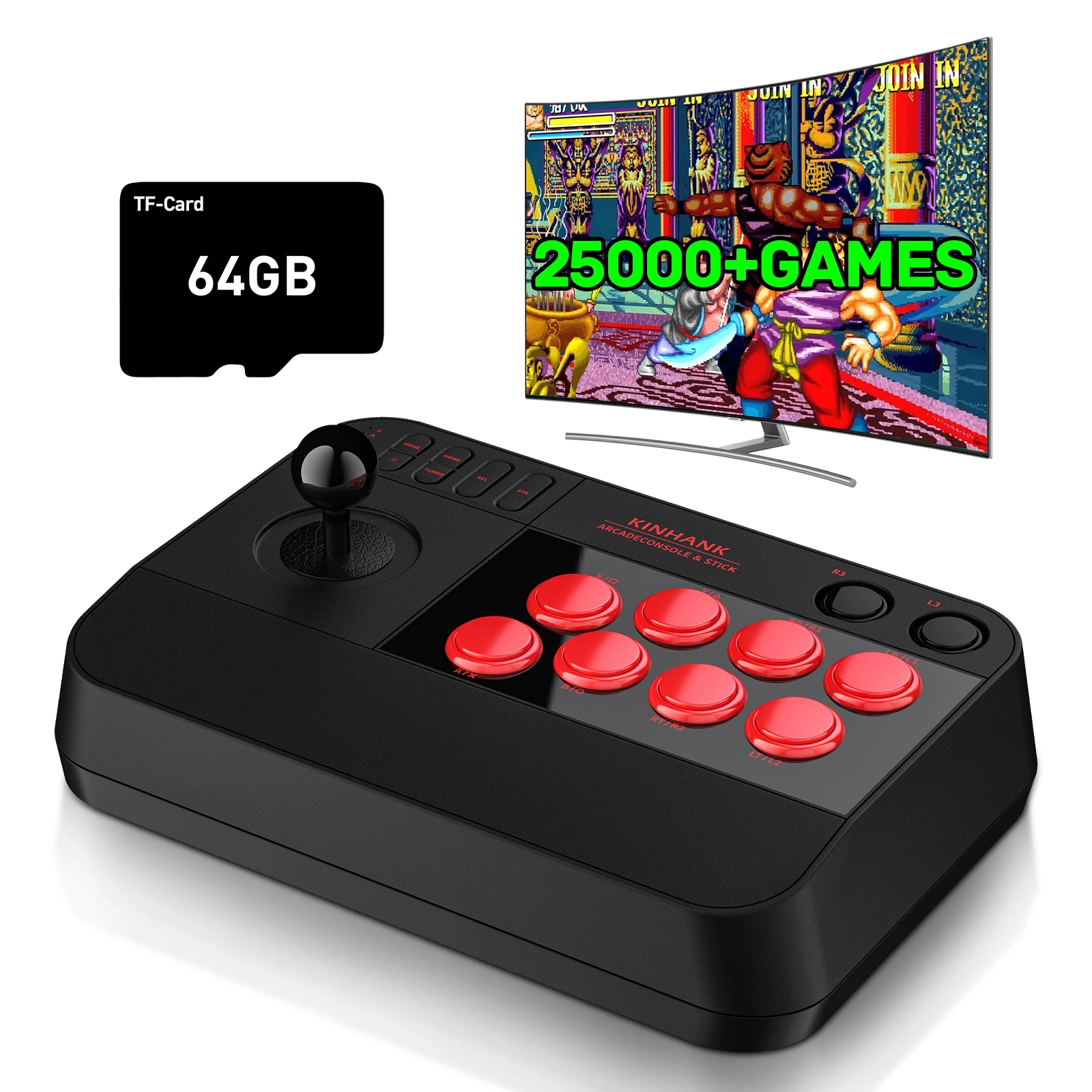 Kinhank Arcade Game Console Built-in 25000+Games Super Console Arcade Video Game Console S905X3 Chip, 3D Joystick Turbo Functio