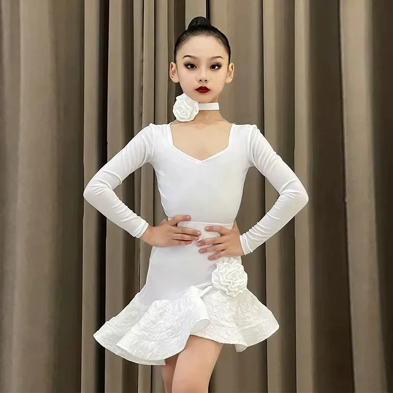 

Girls Long Sleeve Latin Dance Dress Children's Training Dress Girls Tango Rumba Dress Performance Outfits