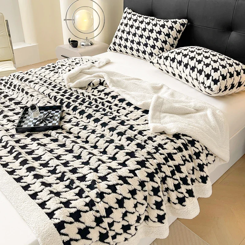 Houndstooth Pattern Spring Autumn Warm Fleece Blanket Cozy Soft Office Naps Sofa Bed Throw Blankets Jacquard Soft Plush Blanket
