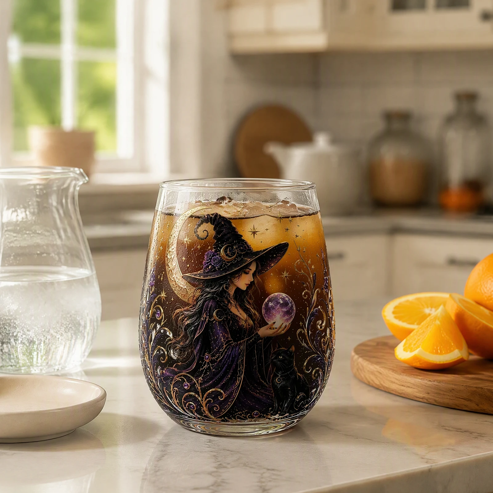Witch Glass Cup Crystal Ball Moon Star Pumpkin Stemless Tumbler Fantasy Halloween Cocktail Whiskey Drinkware