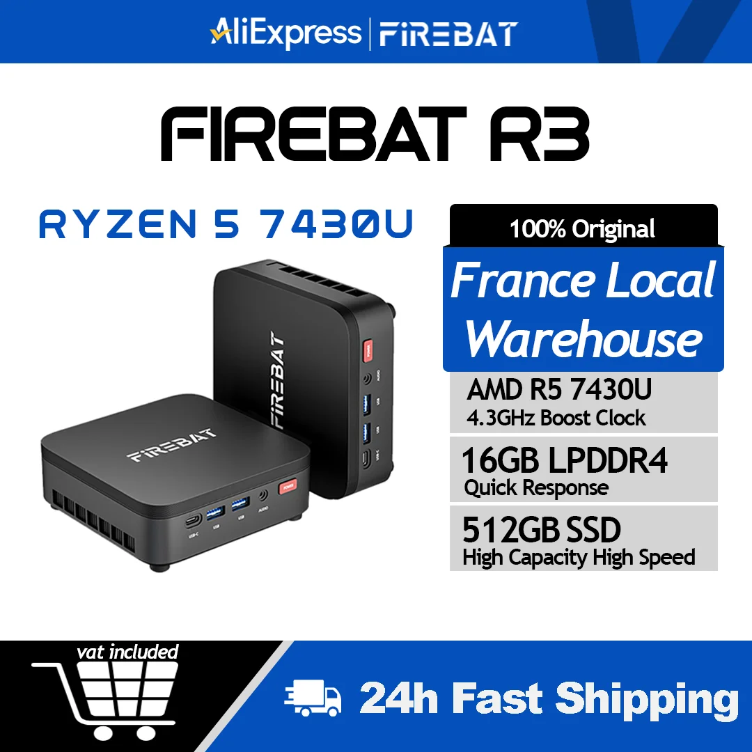 FIREBAT R3 Mini PC Nieuwe AMD Ryzen 5 7430U 16GB LPDDR4 RAM 512GB SSD Windows 11 Wi-Fi 6 USB 3.0 BT5.2 Gaming Desktop Mini Computer