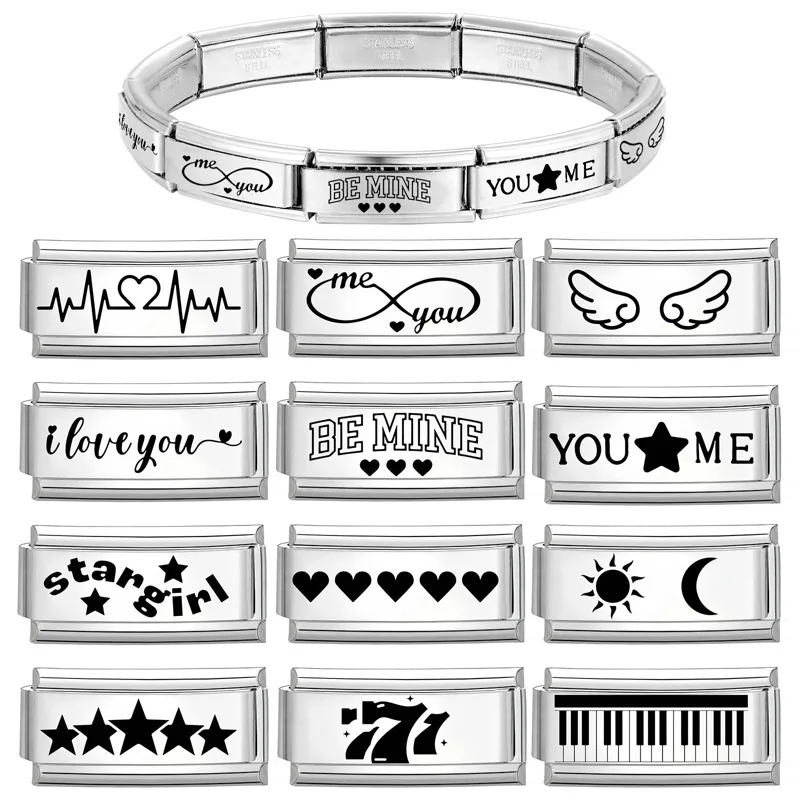 2025 Laser Engraving 777 Stars Love Heart Piano Italian Charm Links Fit 9mm Bracelet Stainless Steel Men Women DIY Making Gifts