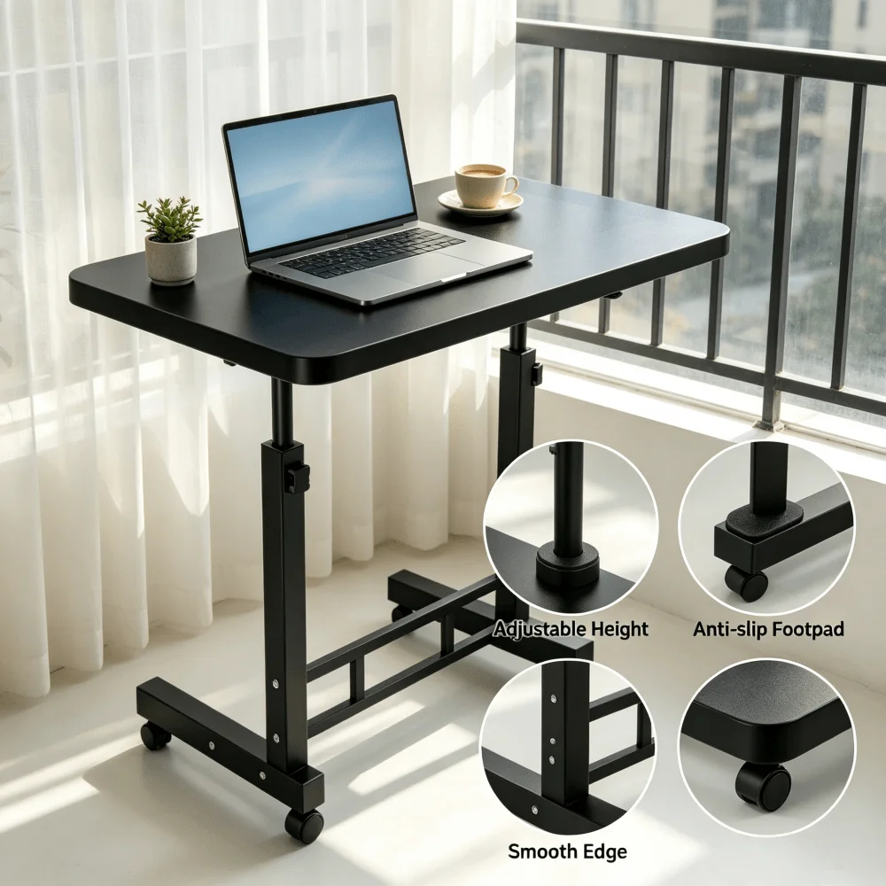 Mobile Office Desk, Convenient Small Computer Desk, Wheeled Learning Desk, Mobile Desk With Adjustable Height, Standing And Lifting Desk, Multifunctional, Suitable For Bedside, Sofa, Study, Handmade - Black/White For Home Office