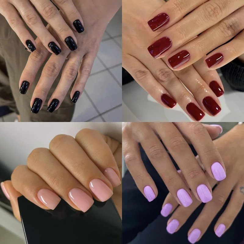 24 Stück einfache einfarbige künstliche Nägel, schwarz, rot, lila, nackt, rosa, kurze quadratische Nägel, geeignet für die tägliche Arbeit zu Hause