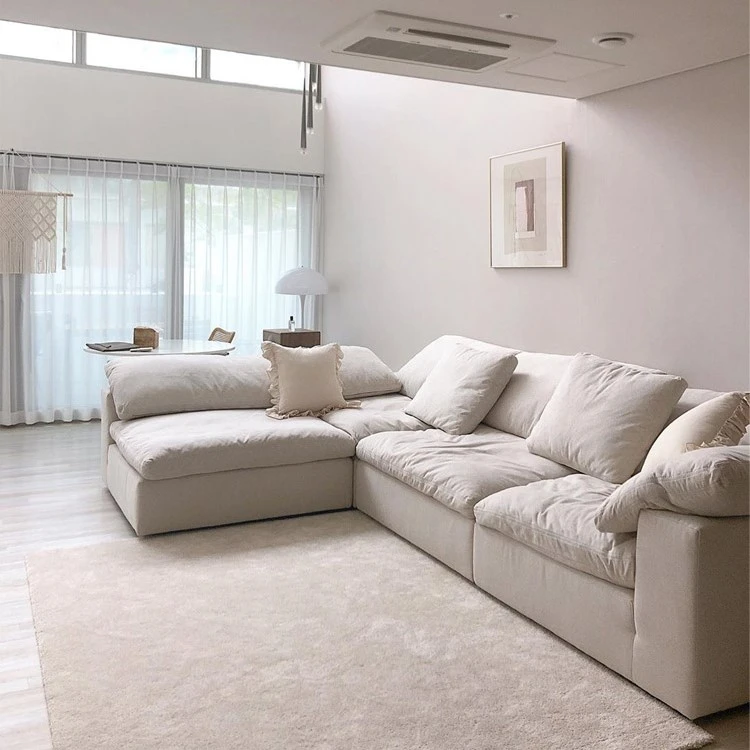 Modern Home Living Room Sofa Set Furniture White Linen Feather Cream Beige Fabric L Shaped Corner Modular Couches Sectional Sofa