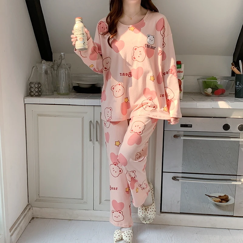 Bear Love Heart Women Pajamas Set Cute Kawaii Sleepwear Long Sleeves Long Pants Autumn Winter Pullover Pyjamas Ladies Pijamas