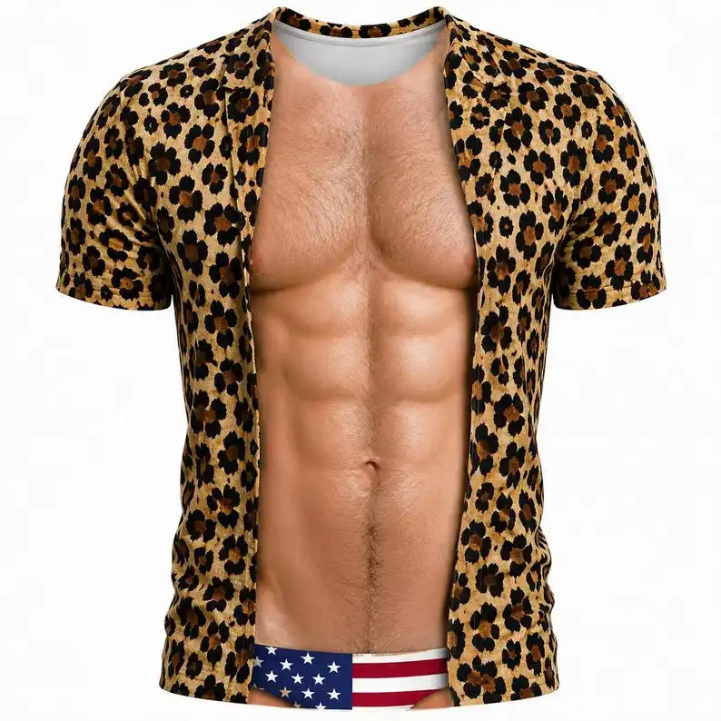 Lustiges Cartoon-Muskel-Print T-Shirt, personalisiertes Hawaii-Hemd, Illusions-T-Shirt, Fake-Open-Brust-Muster, Sommerparty-Geschenk – Detail 6