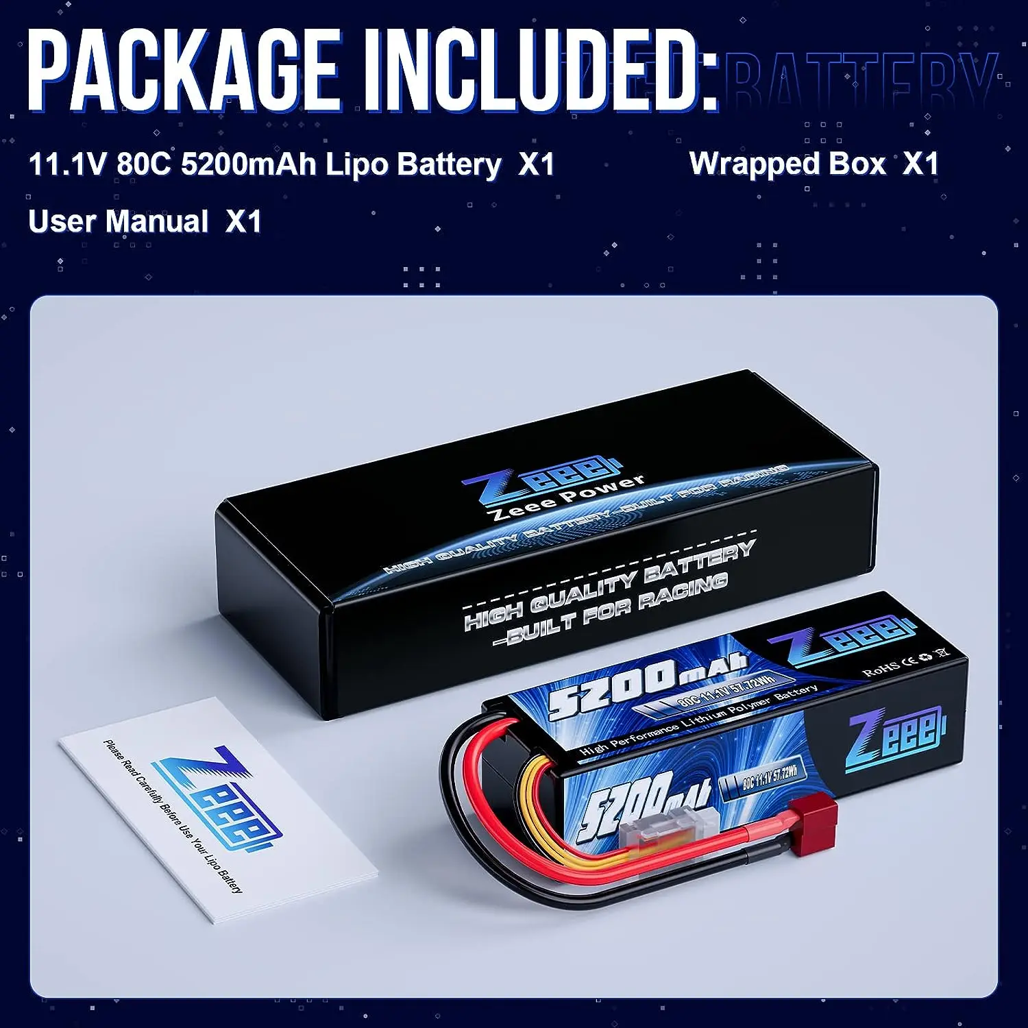 Zeee-Batterie Lipo 3S avec prise Deans, boîtier rigide pour voiture RC, bateau, camion, hélicoptère, avion, modèles de course, 11.1V, 80C, 5200mAh