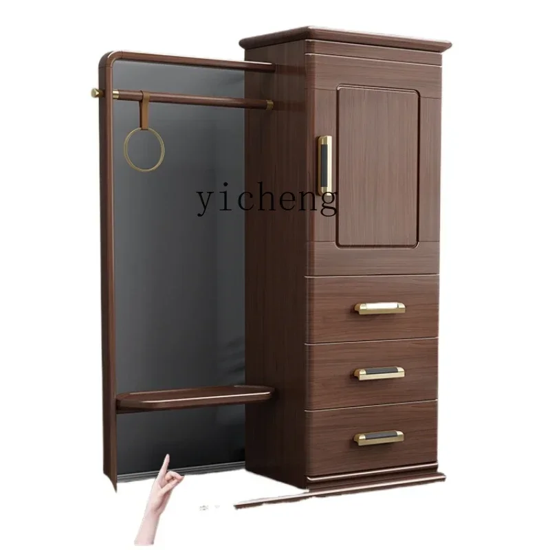

ZK Solid Wood Home Clothes Rack Walnut New Chinese Floor Coat Rack with Mirror Household Storage Rack