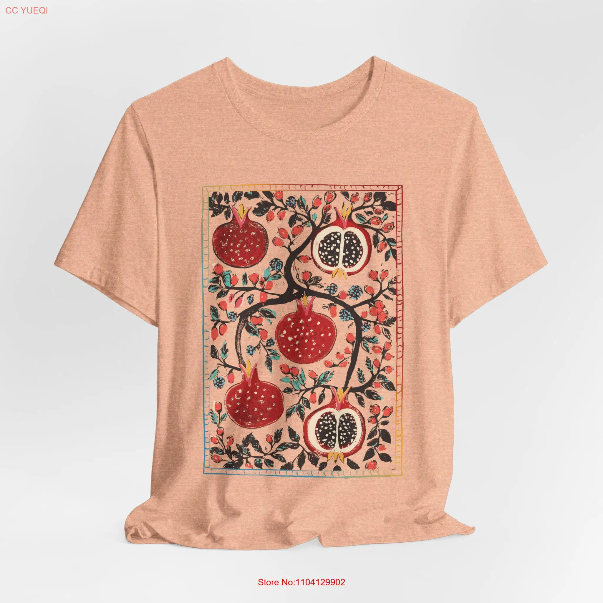 Pomegranate Boho T Shirt floral Fruit Lovers Bohemian for her Vintage Style long or short sleeves