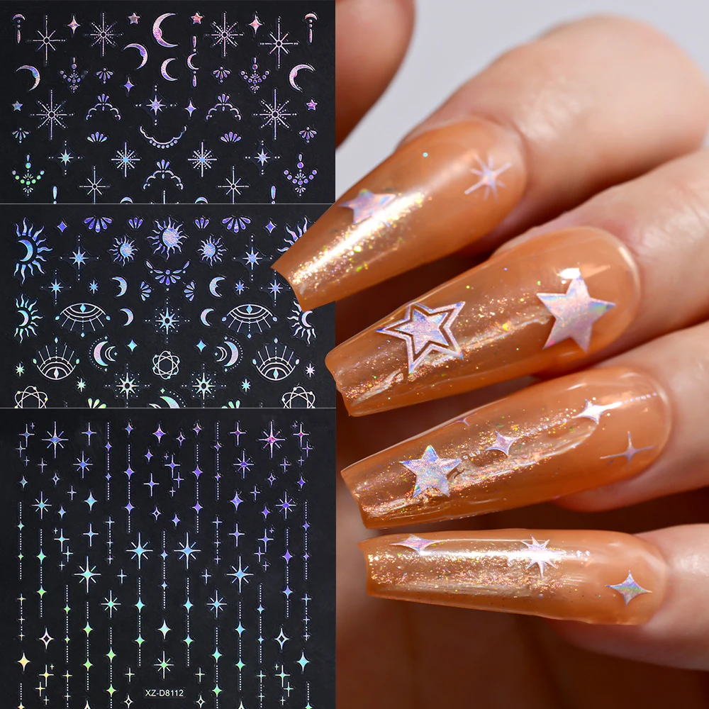 12 pezzi 3D olografico rosa stella/luna/arco adesivi per unghie iridescente Starlight nail art decalcomanie autoadesive manicure cursore adesivo