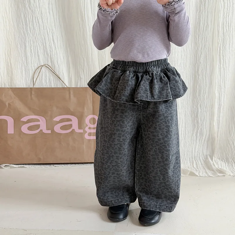 Girl's Leopard Print Fart Curtain Pants Children's Retro Korean Lotus Leaf Waist Fake Skirt Wide Leg Pants Personalized Pants