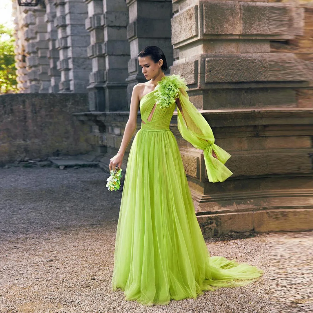 

Pretty Grass Green One Shoulder Split Tulle Maxi Dresses Summer A-line Prom Gowns 3D Flower Women Long Gowns 2023