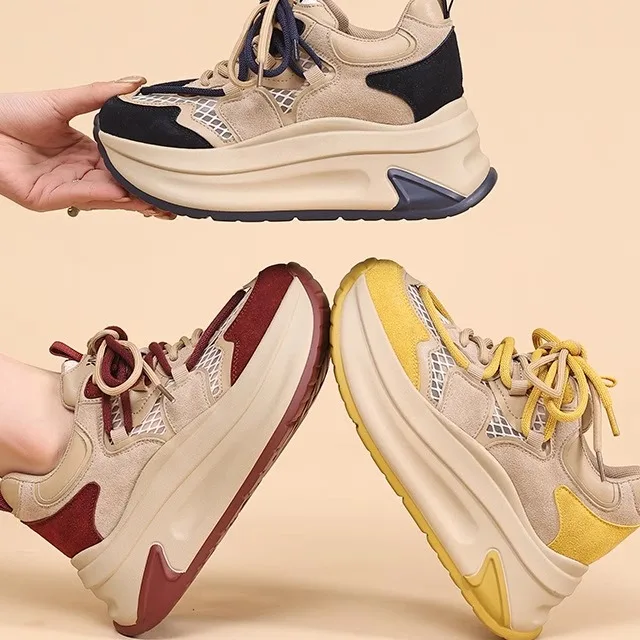 

Retro Genuine Leather Casual Shoes Breathable Mesh Comfortable Running Sports Dad Shoes round Toe High Heel Polyurethane Bottom