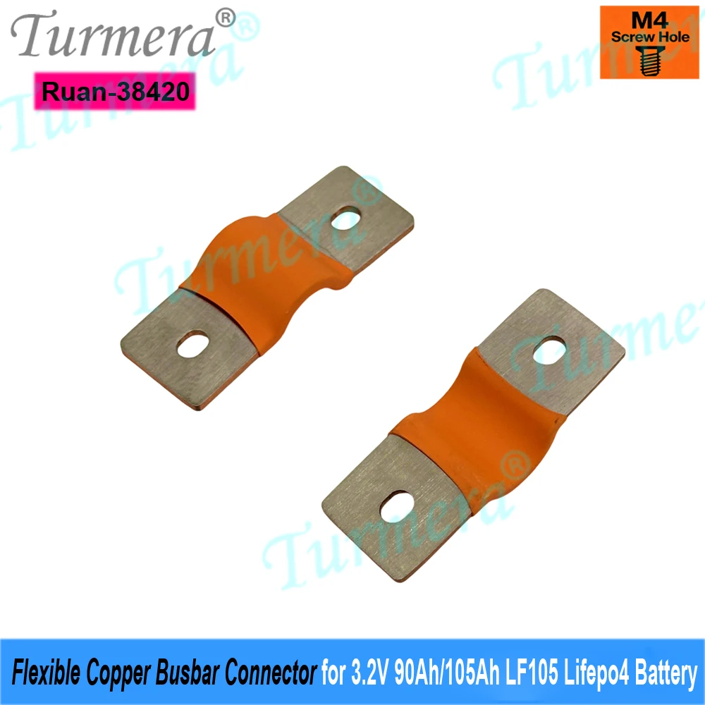 Turmera 24V 48V 12V Lifepo4 Battery Flexible Busbar Copper Connector 38mm 2mm 300A M4 Screw for 3.2V EVE LF90 LF105 Cell DIY Use