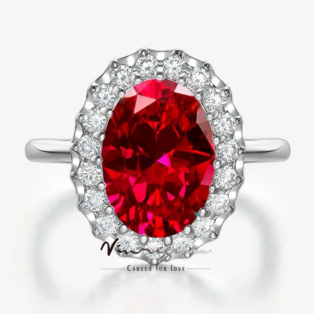 Vinregem 10*14 MM 8 CT anillo de gemas de diamante de alto carbono de rubí de corte ovalado para mujer 100% Plata de Ley 925 joyería fina para fiesta de boda