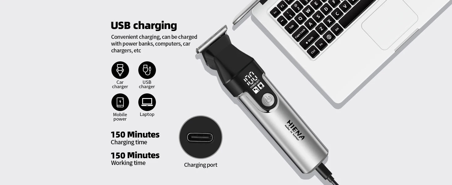 HIENA Professional Multifunctional Hair Clipper Set, R-Type Adjustable Blade, Cordless Barber Clippers with LED Display, Ear and Nose Hair Trimmer, 6 Guide Combs, Rechargeable Electric Grooming Kit for Men, USB Charging, Haircut Clippers