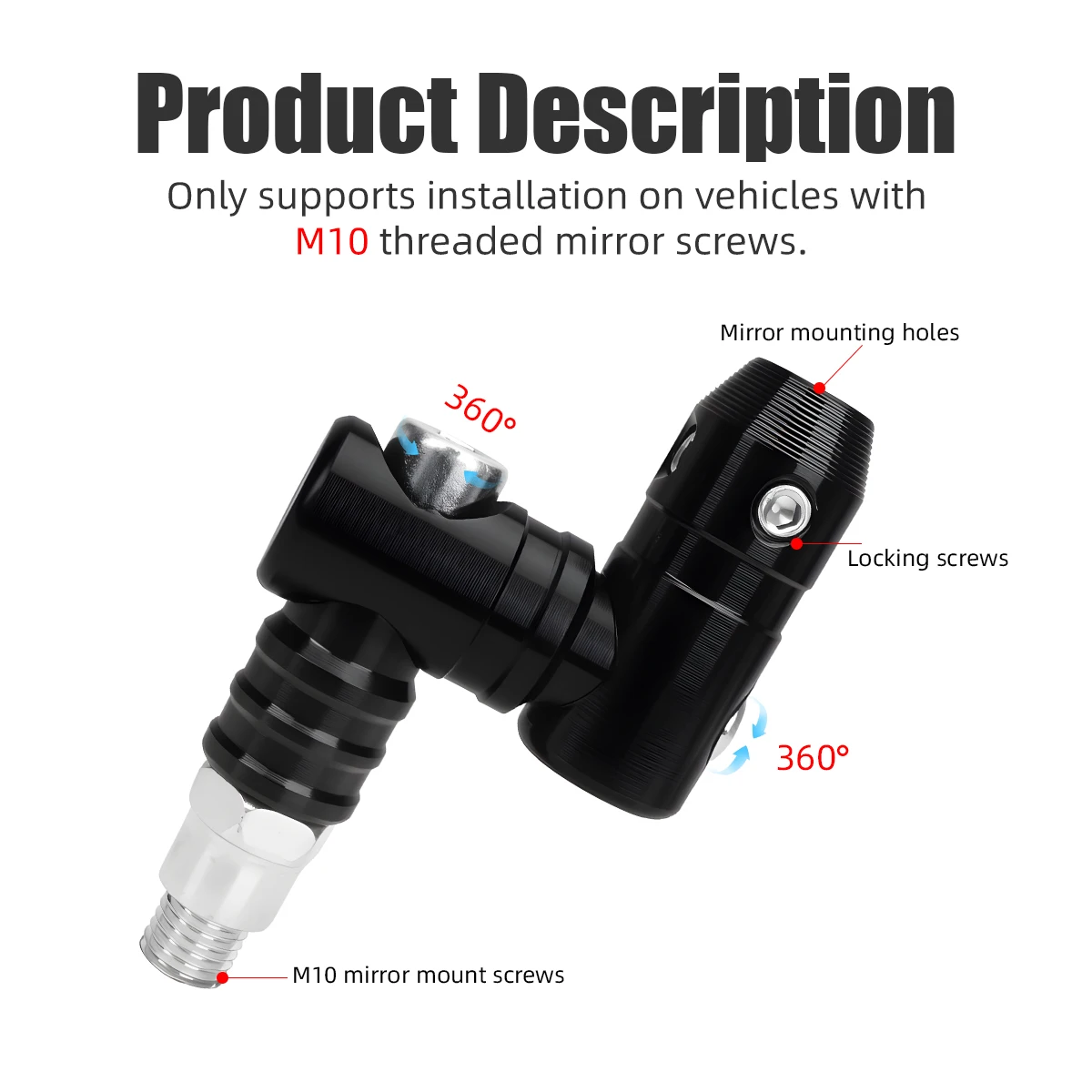 1Pair Universal Motorcycle Mirror Expander Bracket 360°Ajustable Mirror Riser Adapter 10mm CNC Aluminum Extension Base