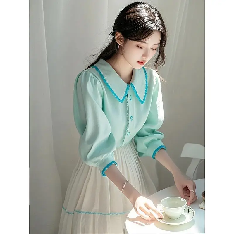 2025 Popular Temperament Casual Versatile High-end Light Luxury Mint Blue Base Shirt