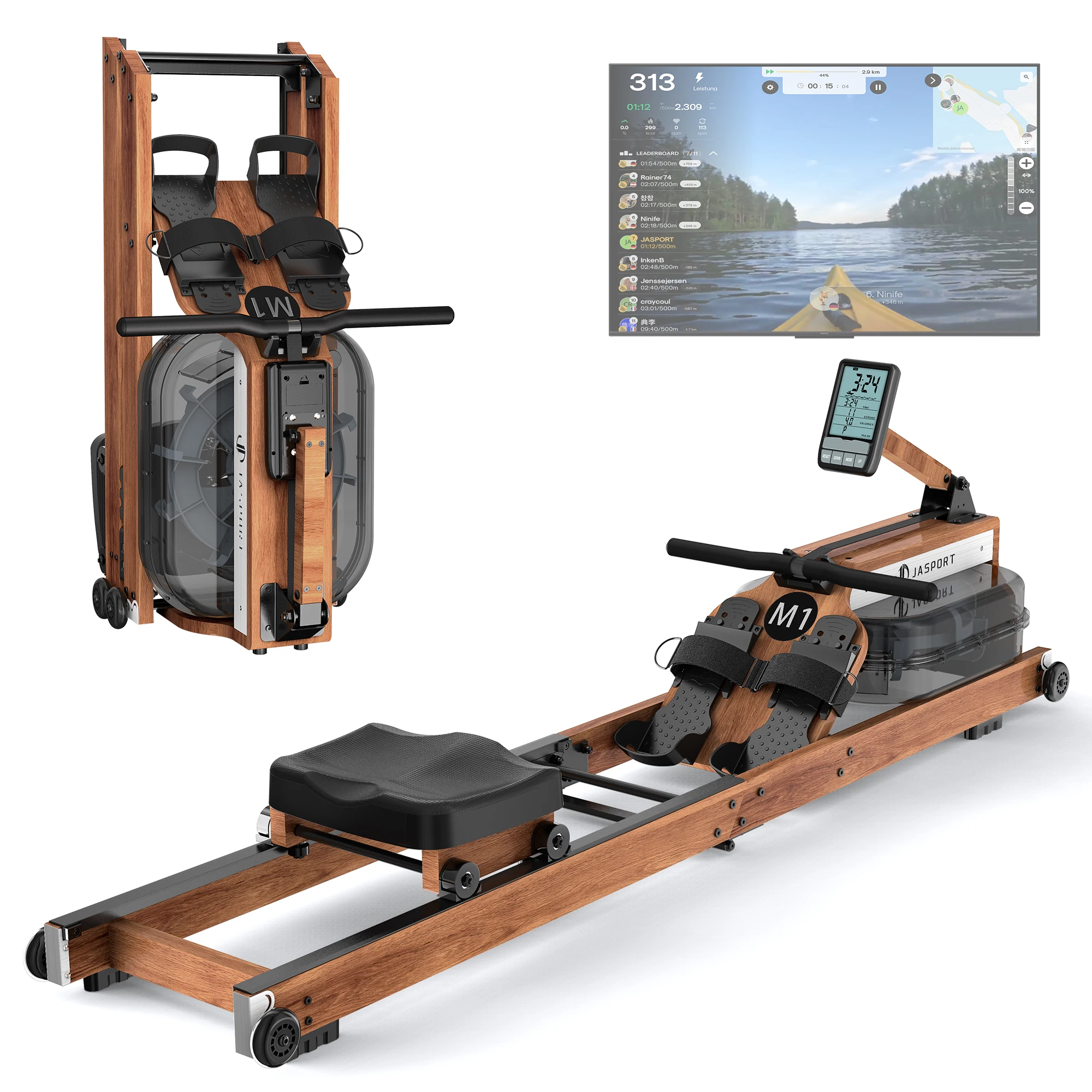 JASPORT M1 rameur pour la maison – pliable et peu encombrant, bois d’hévéa FSC, réservoir d’eau 20 L, écran LCD, Bluetooth, compatible Kinomap, support tablette, charge max 150 kg, fitness à domicile