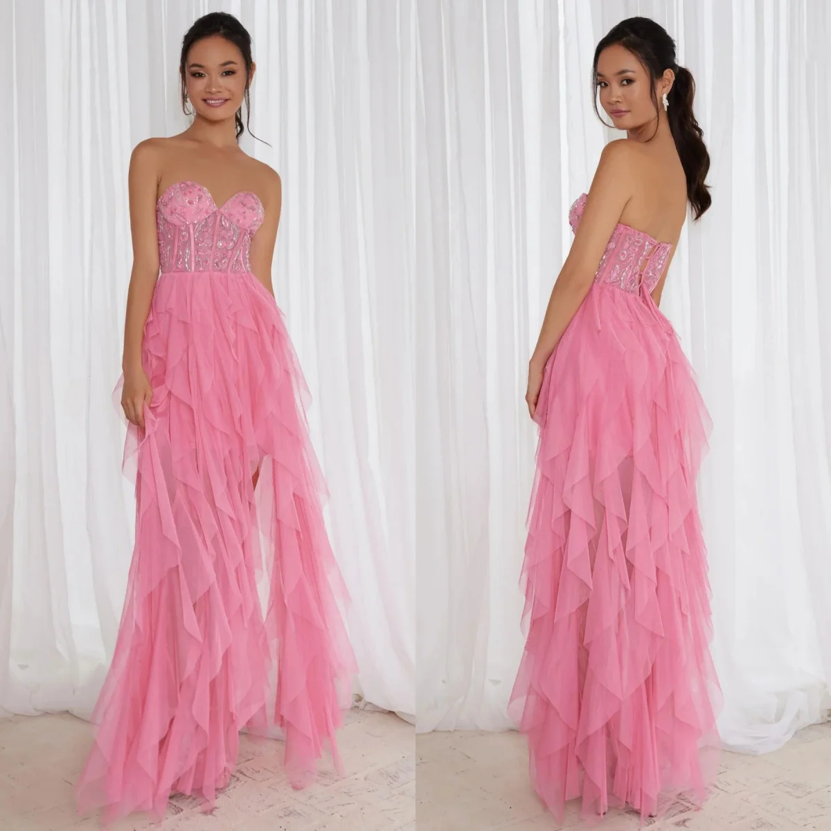 Illusion Pink Prom Dresses Sexy Sweetheart Sequined Evening Gowns For Women Tiered Robes De Gala  Tulle HIgh Low Party Dress