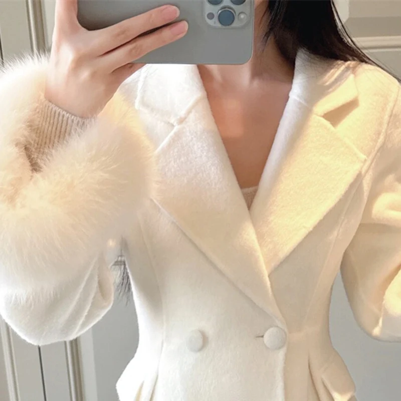 جديد إمرأة أنيق معطف صوفي غير رسمي خمر الصلبة Chic2025 الشتاء ملابس خارجية ملابس دافئة انفصال الكفة الشعر معطف الصوف سيدة