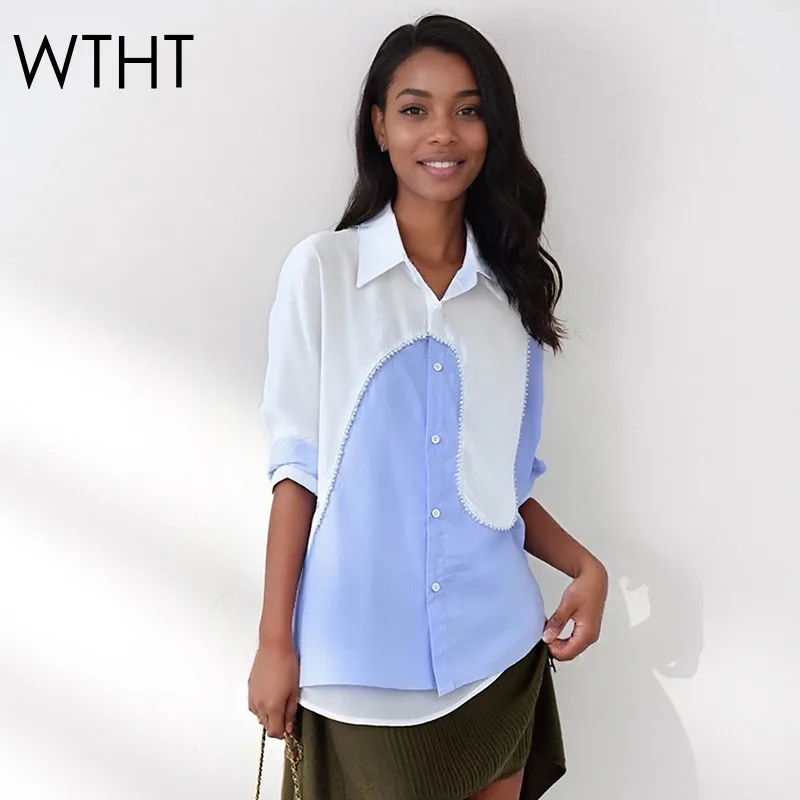 

WTHT Fashion New Women's Irregular Design Spliced Nail Beading Shirt 2025 Autumn Long Sleeves Lapel Blouse Female 1LS2539
