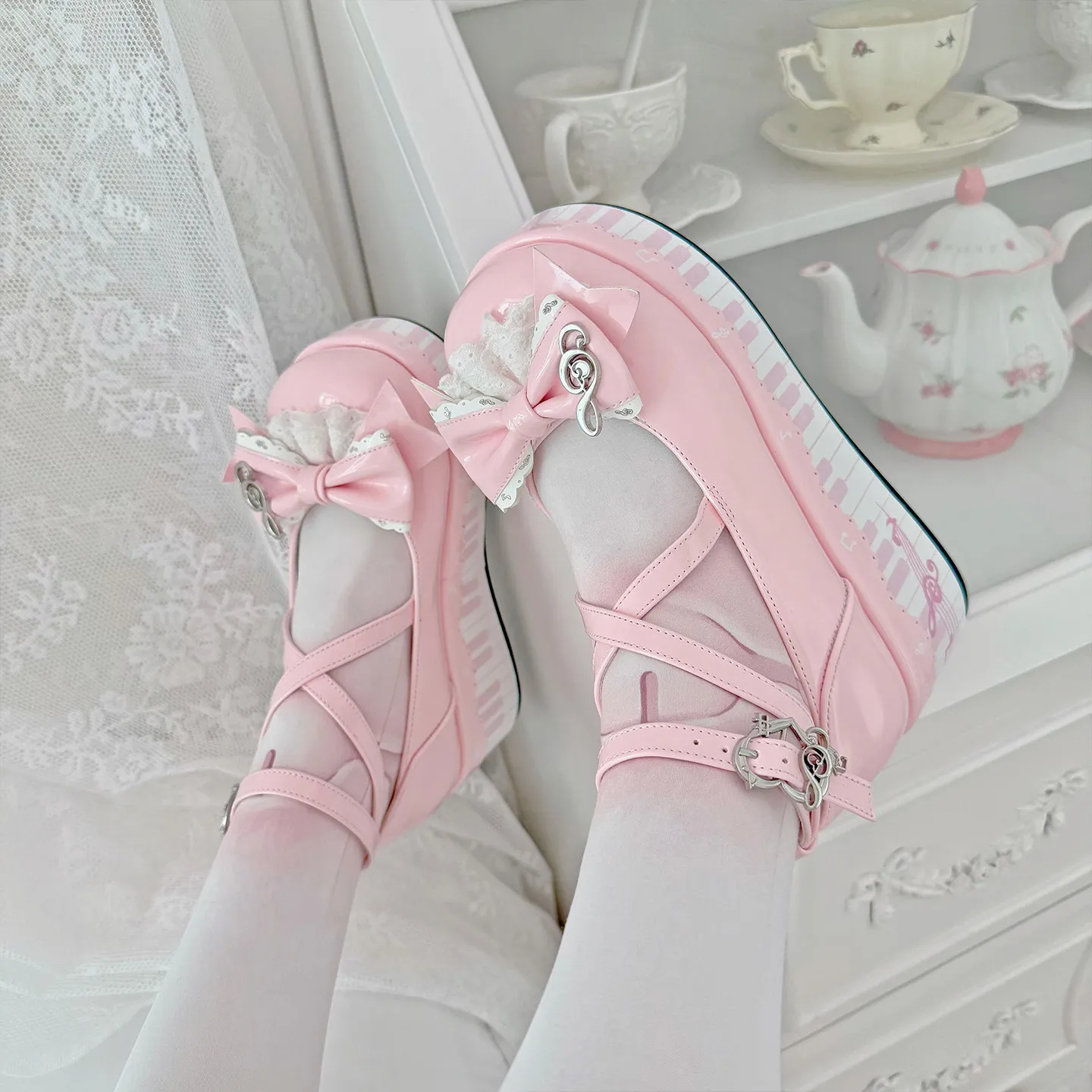 Japanese Original Sweet Cute Lolita Piano Note Bow Platform Muffin Shoes Soft Girl Round Toe Mary Jane Single Shoes for Women