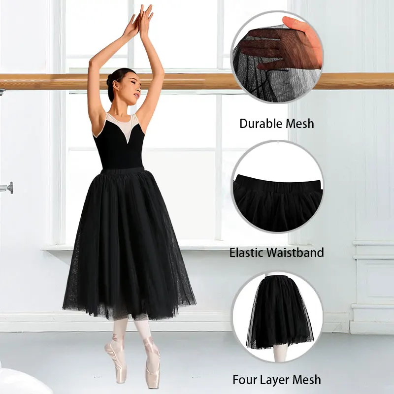 Women\'s Romantic Princess Tulle Black Ballet Mid Length Tutu Skirt with Durable Four Layer Mesh and Elastic Adjustable Waistband