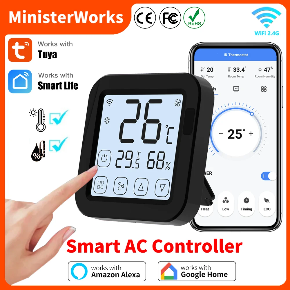 Tuya Smart Air Conditioner Thermostat مستشعر درجة الحرارة والرطوبة المدمج لجهاز التحكم عن بعد بالأشعة تحت الحمراء يدعم Alexa Google Home