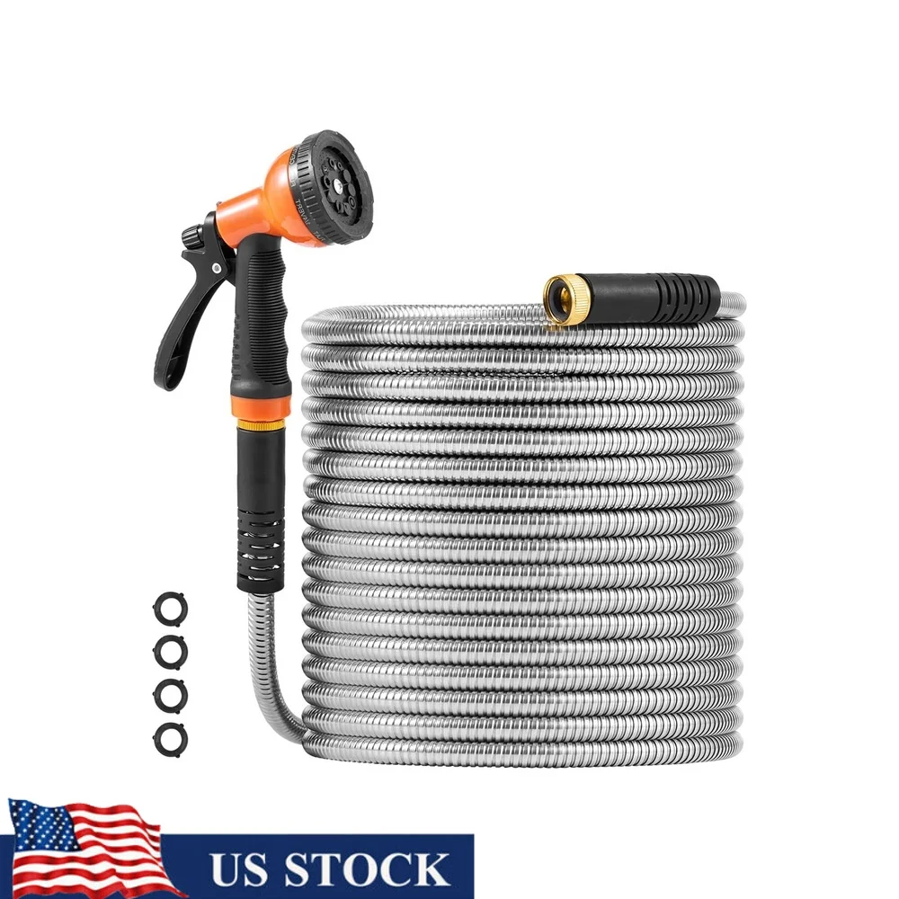 

75ft Metal Garden Hose Durable Stainless Steel Heavy Duty Non Kinking Lightweight with 10 Pattern Spray Nozzle Leak Proof