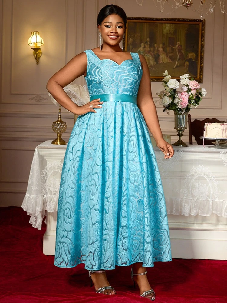 

Plus Size Jacquard Midi Dress for Women Vintage Sleeveless Belted Waist Elegant A Line V Neck for Cocktail Formal Party Wedding