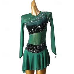 Girls' Ice Skating Dress Dark Green Patchwork Open Back Mesh Spandex High Elasticity Training Practice Professional Skating