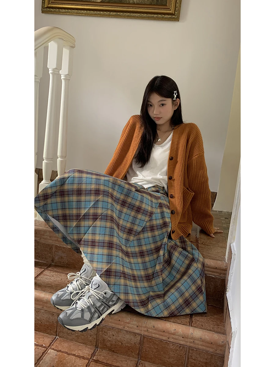 スリムAラインミディスカート ハイウエスト チェック柄 プリーツ カジュアルスタイル レディース 秋新作 エレガント ロングスカート