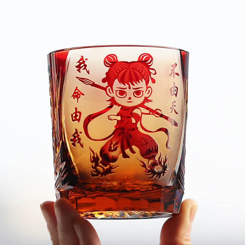Handmade Chinese Popular Character Nezha Japanese Style Edo Kiriko Glass  Whisky Glass Amber Red 250ml