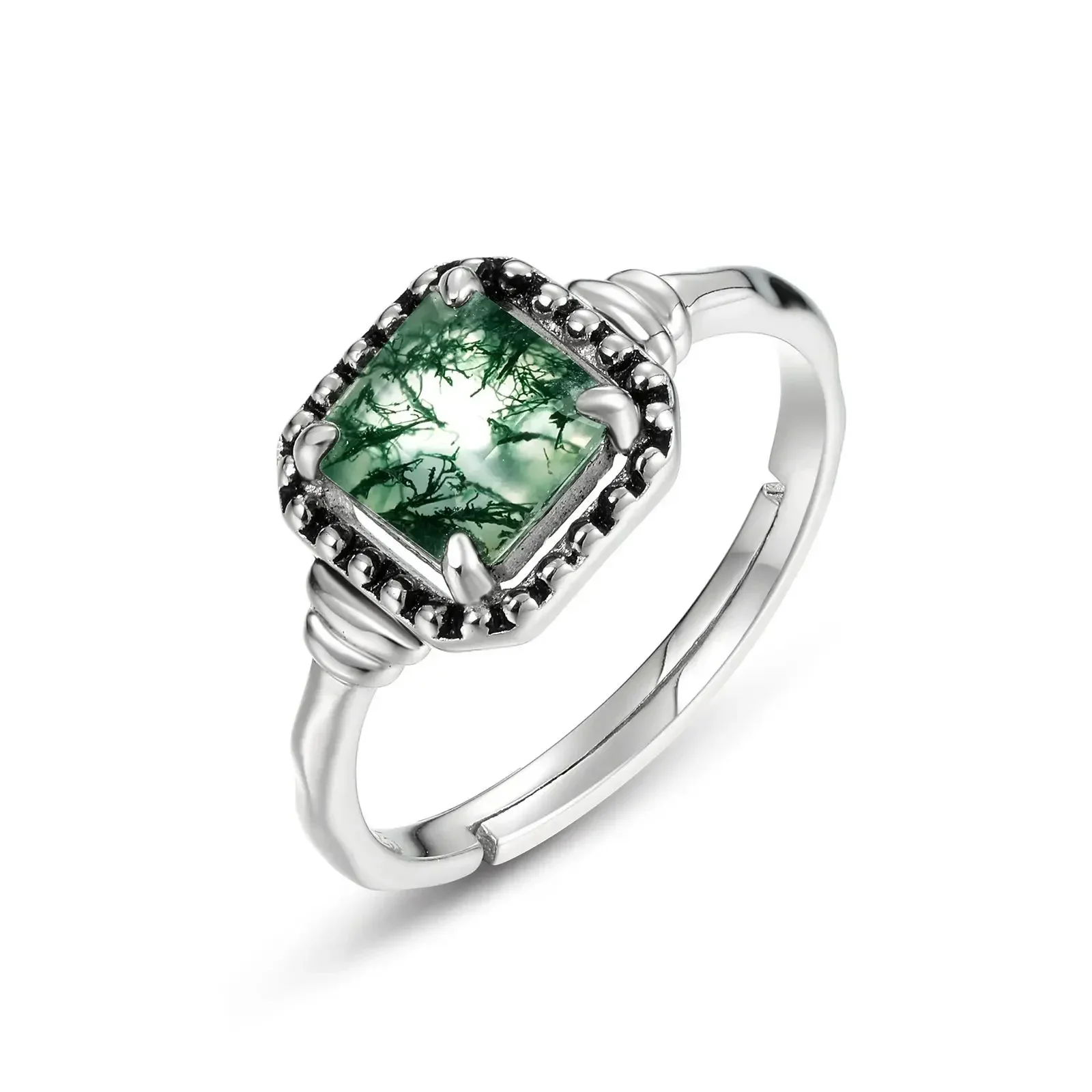 الحجر الطبيعي الأخضر الطحلب الدائري S925 الفضة مطلي 18K الذهب PT950 البلاتين العشب المياه العقيق الدائري